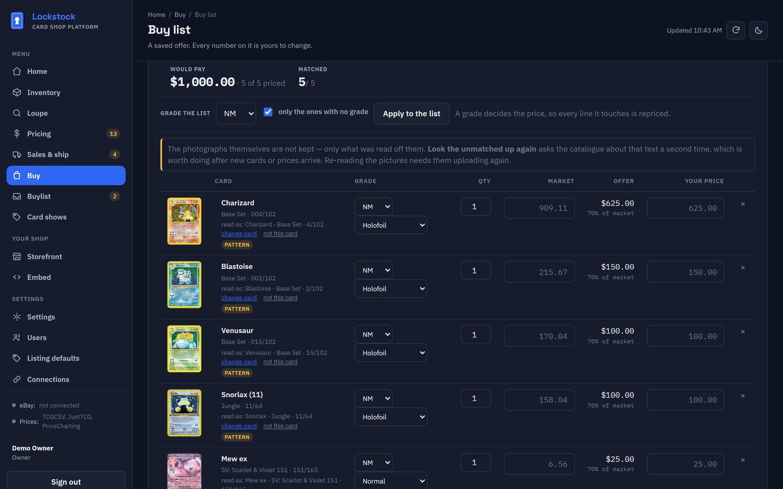 A buy list built from one photo: five cards matched, $1,000 offer