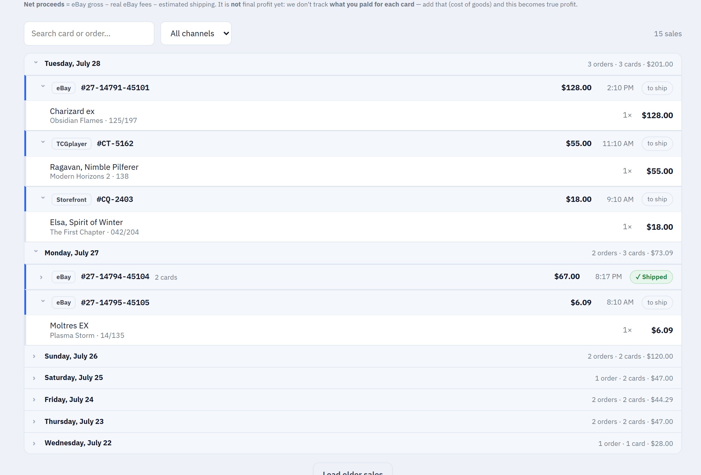 The sales feed: orders from eBay, TCGplayer and the storefront grouped by day with ship status.