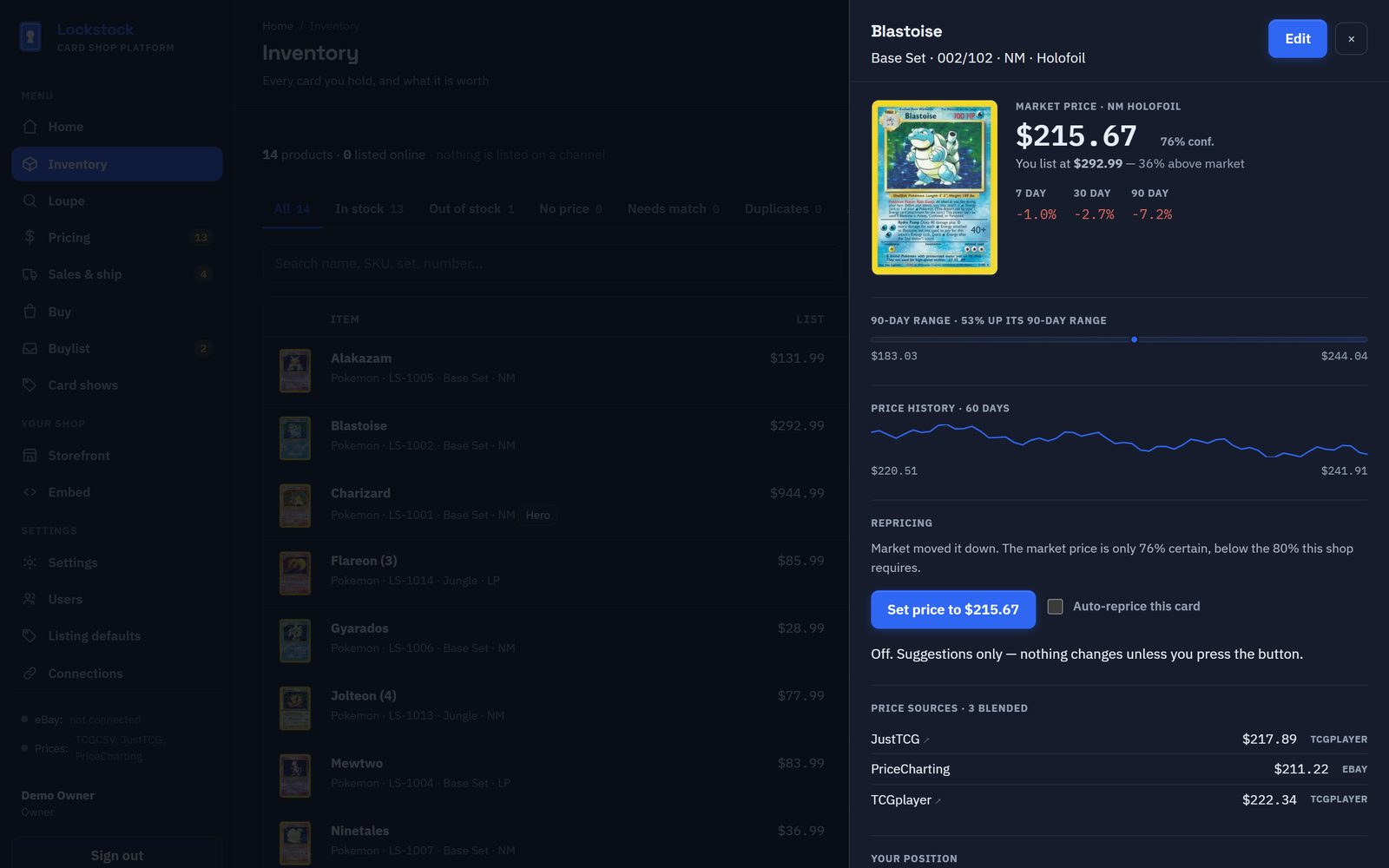 A card's price: market value, history chart and three sources