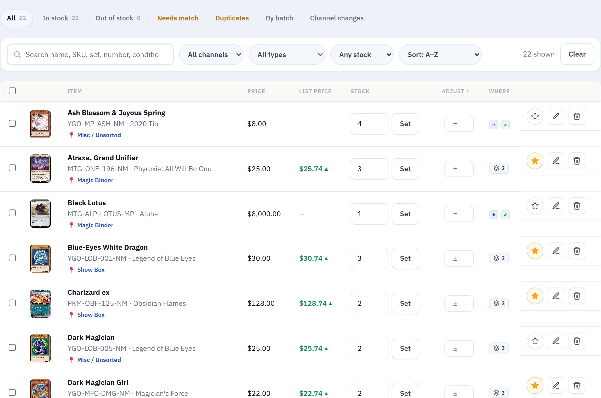 The Lockstock inventory table with card photos, prices, stock levels and per-channel listing tags.