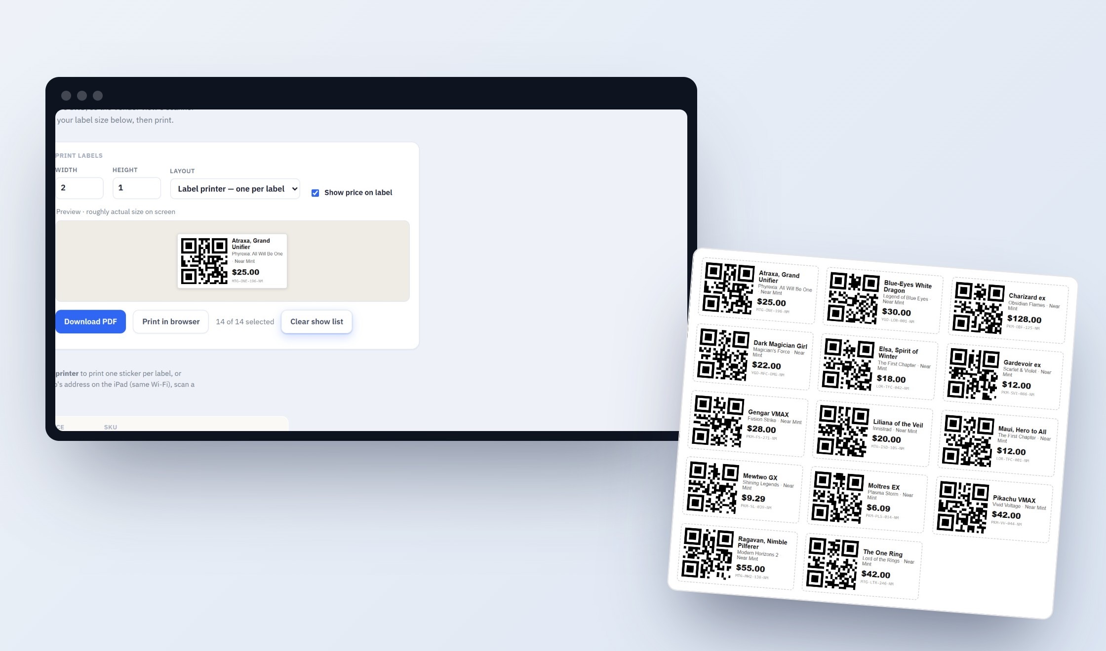 The Lockstock Show-labels screen alongside a printed sheet of QR price labels — one per card, each with the card's name, price and a scannable code.
