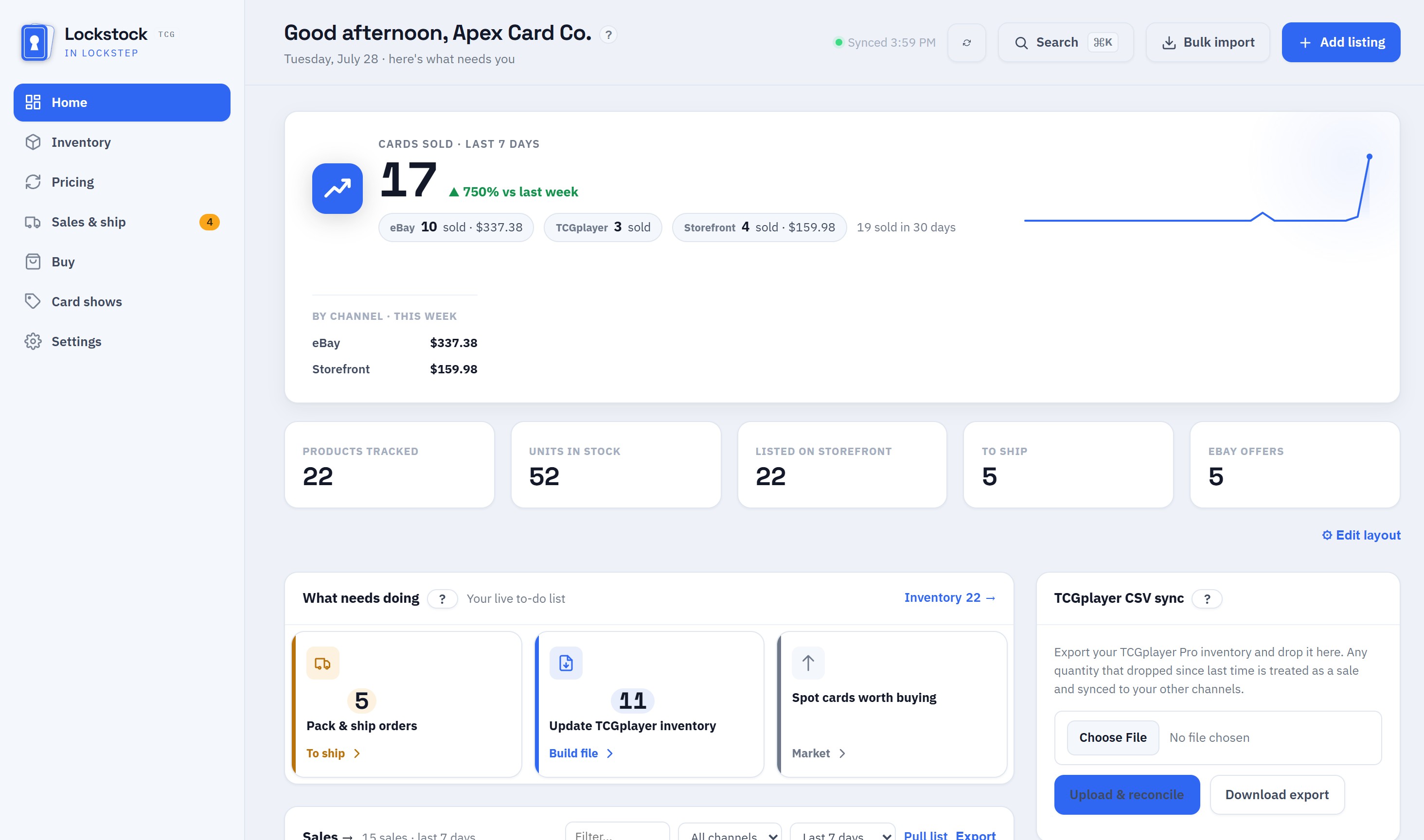 The Lockstock dashboard with its sidebar navigation — Home, Inventory, Pricing, Sales & ship, Buy, Card shows and Settings — alongside this week's cards sold by channel, key counts, and a live 'what needs doing' list.