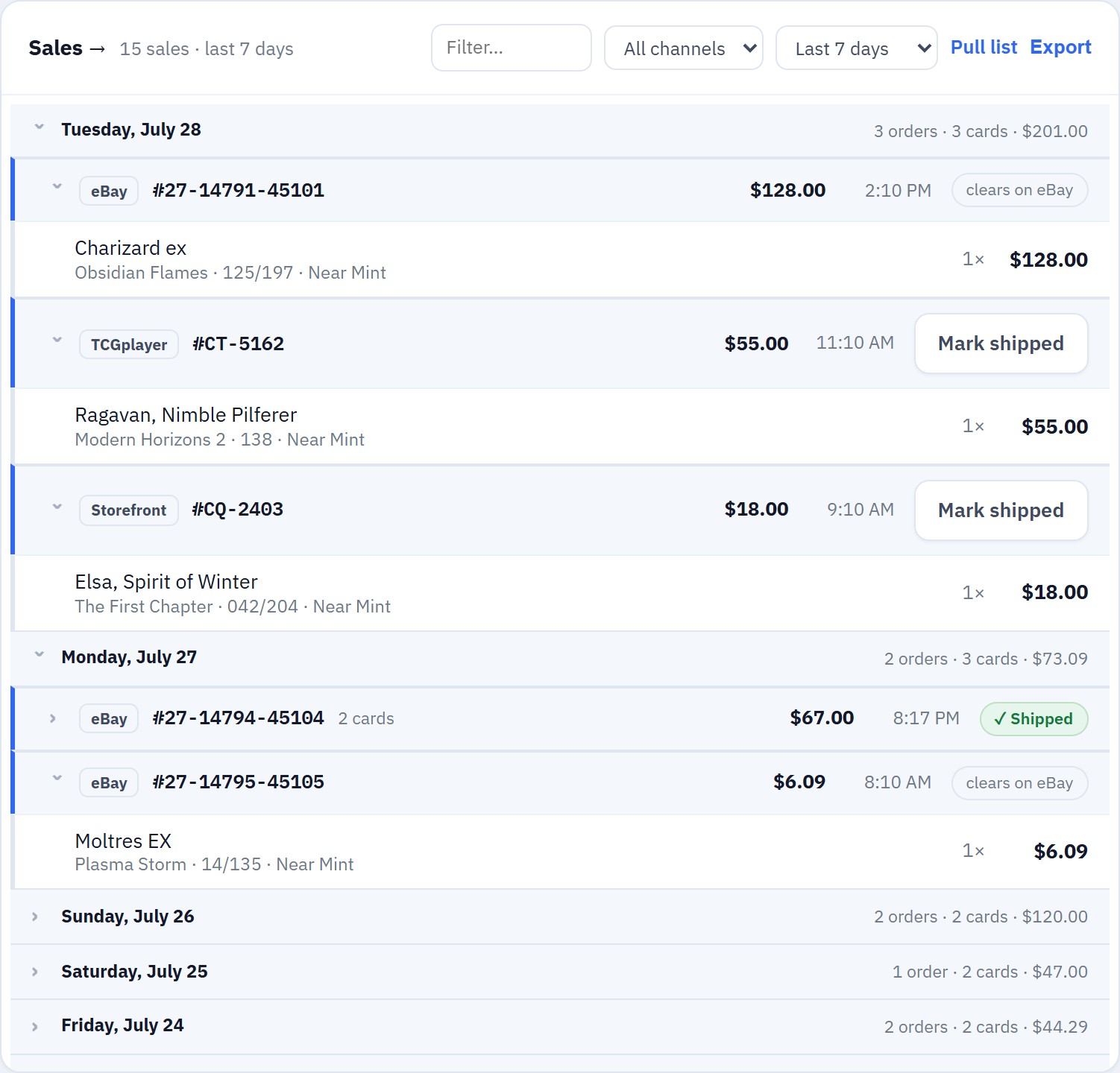 The Lockstock sales feed: orders from eBay, TCGplayer and the storefront, each with an inline ship status — 'clears on eBay' or a 'Mark shipped' button.