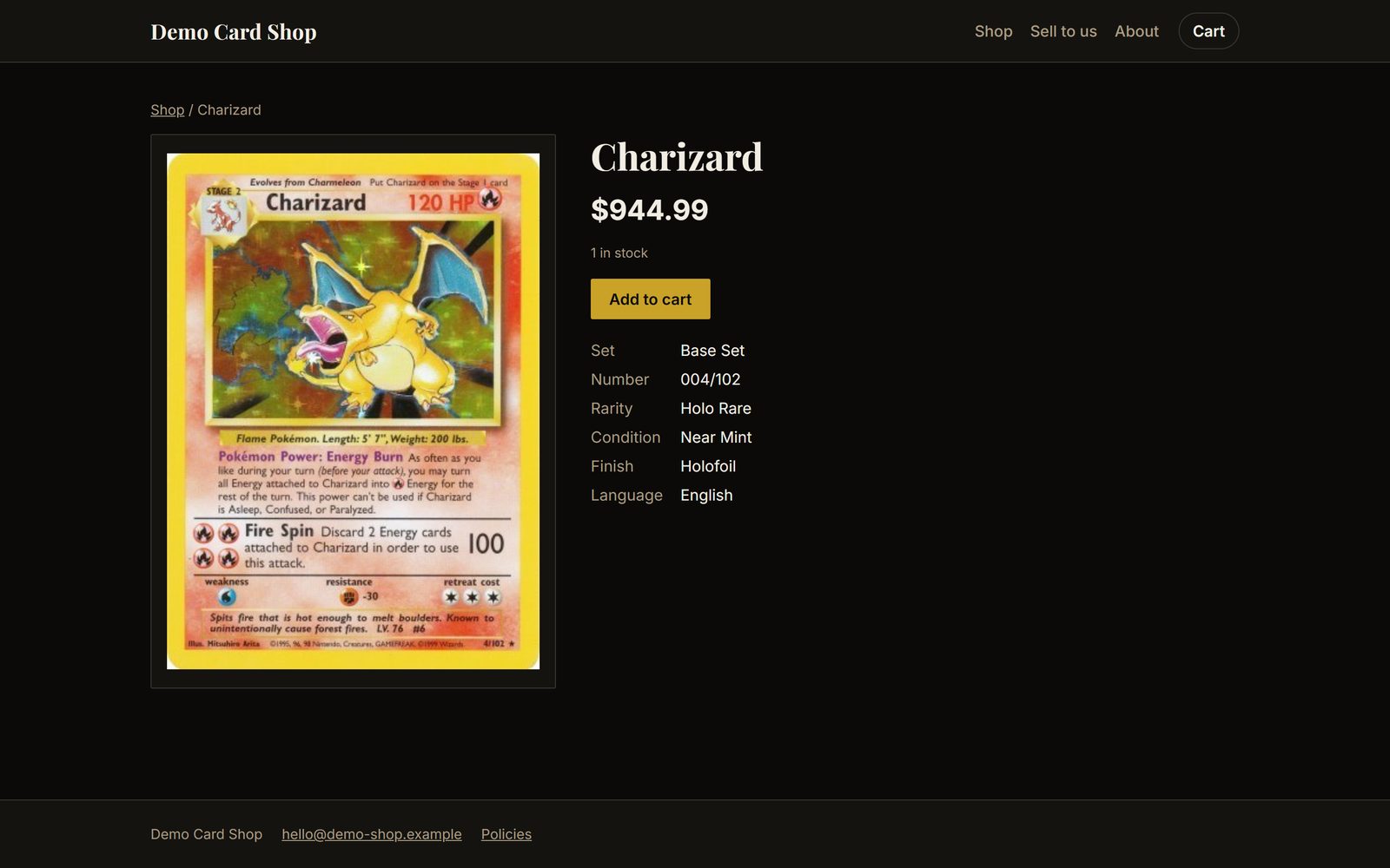 A card page on a Lockstock shop website: Base Set Charizard, $944.99, add to cart